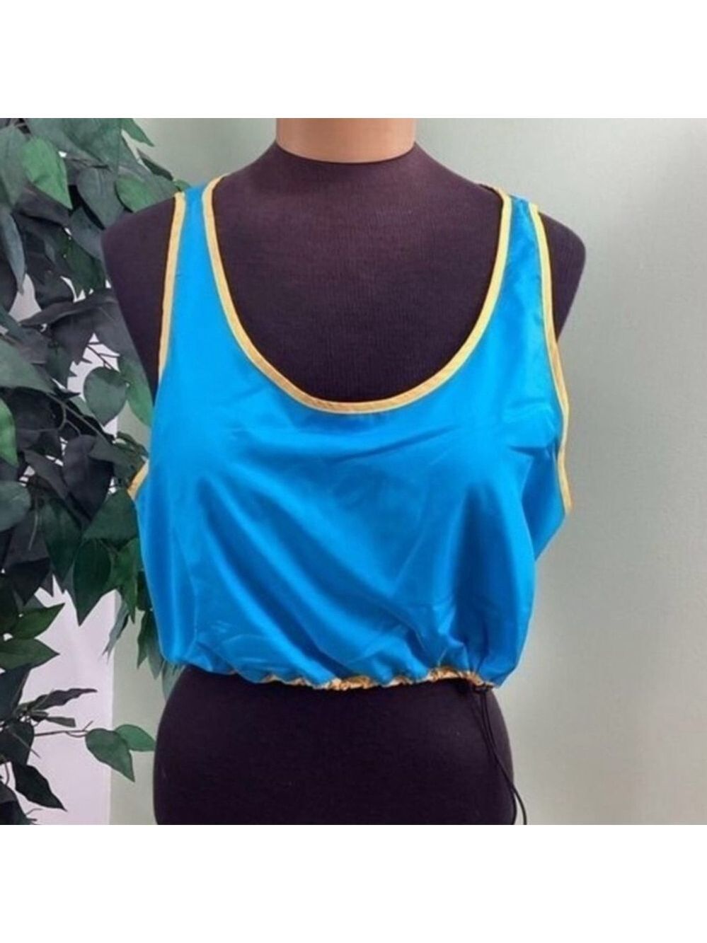PSK Collective Blue Gold Colorblock Scoopneck Bra Top Drawstring Hem XL NWT